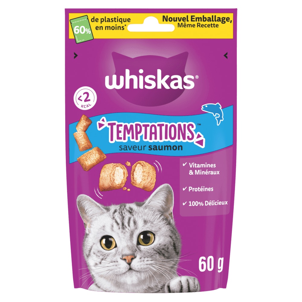 WHISKAS® TEMPTATIONS™ Saveur Saumon Friandises Pour Chat Adulte 60g & 180g - 1