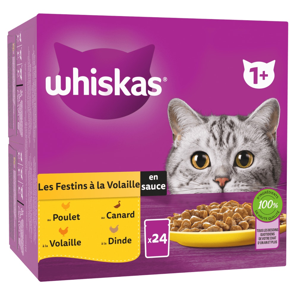 WHISKAS® Sachets Fraîcheur Les Festins À La Volaille En Sauce Pour Chat Adulte 4 Variétés 24 x 85g - 1