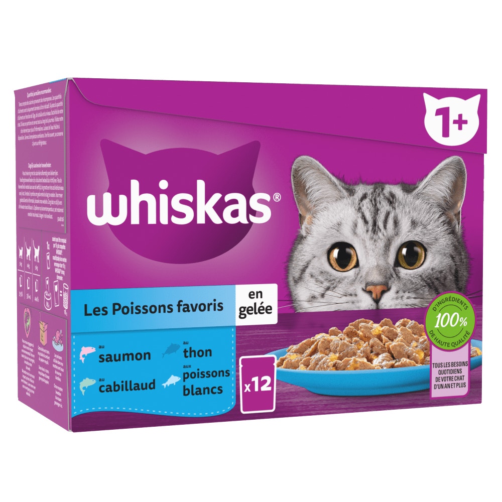 WHISKAS® Sachets Fraîcheur Les Poissons Favoris En Gelée Pour Chat Adulte 4 Variétés 12 & 24 x 85g - 1