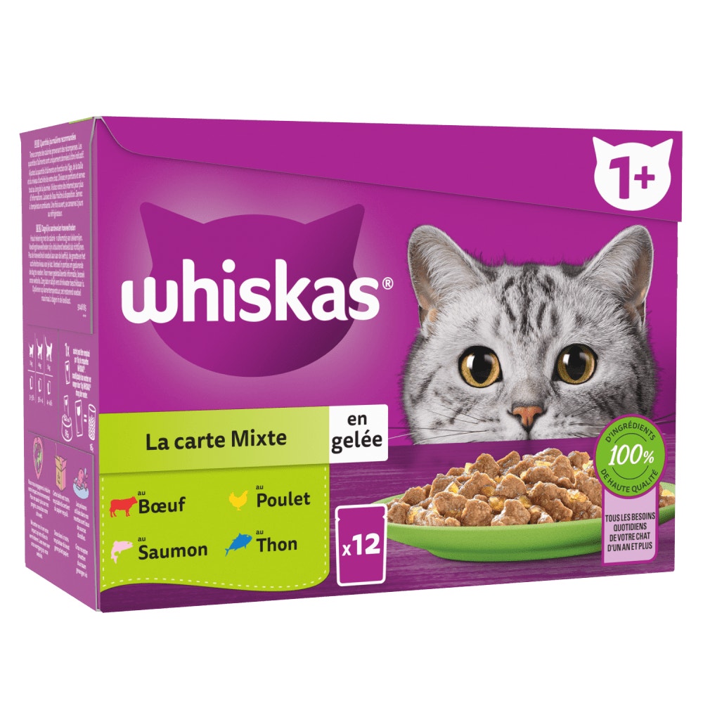 WHISKAS® Sachets Fraîcheur La Carte Mixte En Gelée Pour Chat Adulte 4 Variétés 12 & 48 x 85g - 1