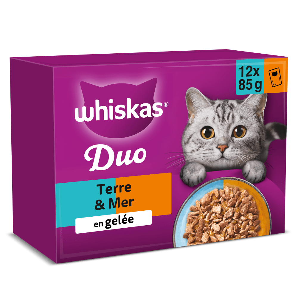 WHISKAS® Duo Sachets Fraîcheur Terre & Mer En Gelée Pour Chat Adulte 4 Variétés 12 x 85g - 1